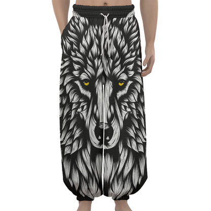 Navy And White Wolf Print Lantern Pants