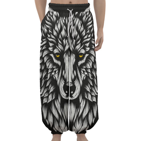 Navy And White Wolf Print Lantern Pants