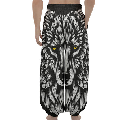 Navy And White Wolf Print Lantern Pants