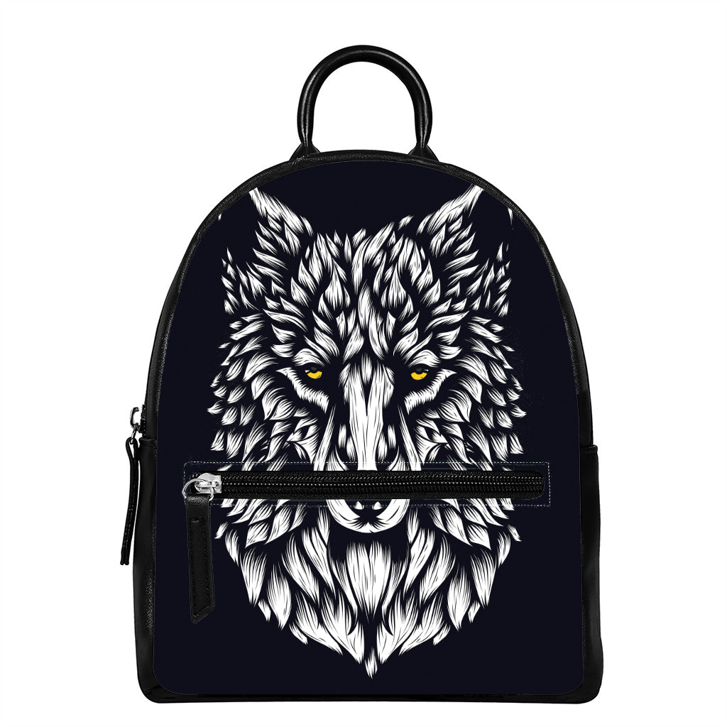 Navy And White Wolf Print Leather Backpack