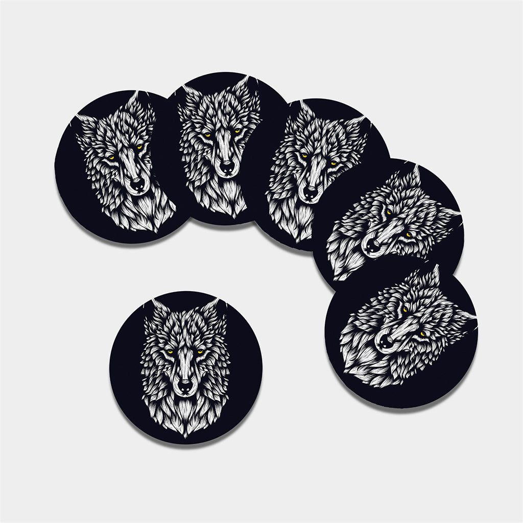 Navy And White Wolf Print Leather Coaster Set