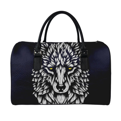 Navy And White Wolf Print Leather Duffle Bag