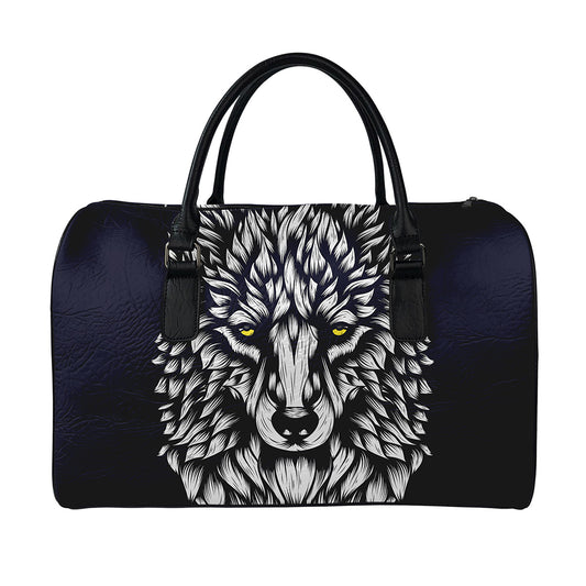 Navy And White Wolf Print Leather Duffle Bag