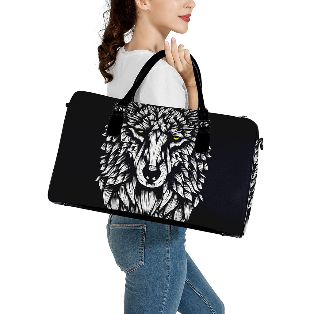 Navy And White Wolf Print Leather Duffle Bag