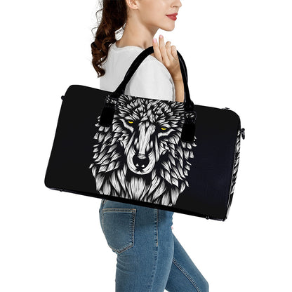 Navy And White Wolf Print Leather Duffle Bag