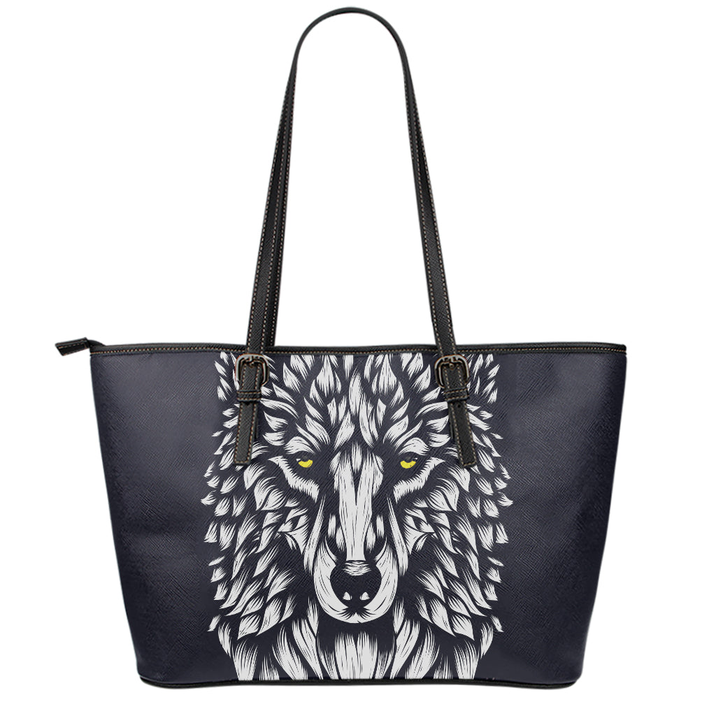 Navy And White Wolf Print Leather Tote Bag