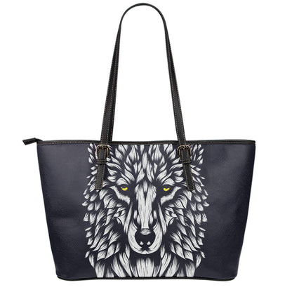 Navy And White Wolf Print Leather Tote Bag