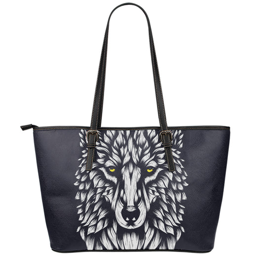 Navy And White Wolf Print Leather Tote Bag