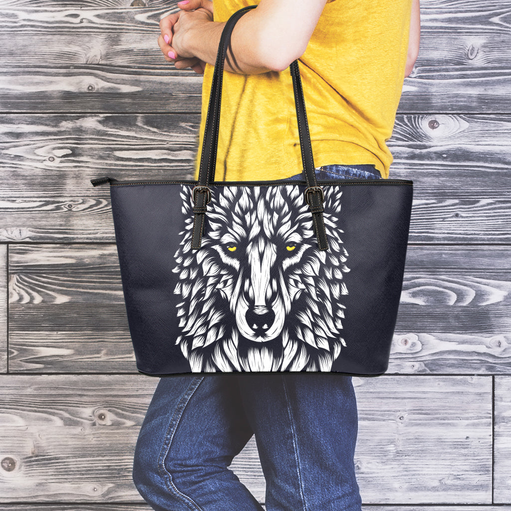 Navy And White Wolf Print Leather Tote Bag