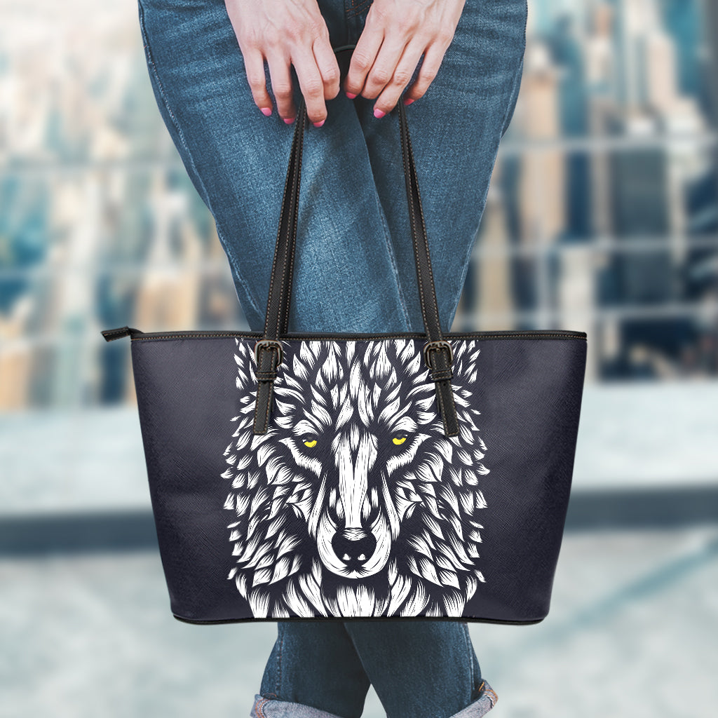 Navy And White Wolf Print Leather Tote Bag