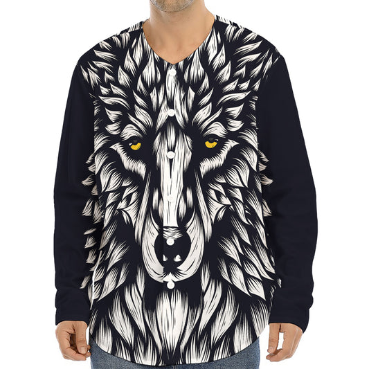 Navy And White Wolf Print Long Sleeve Baseball Jersey