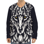Navy And White Wolf Print Long Sleeve Baseball Jersey