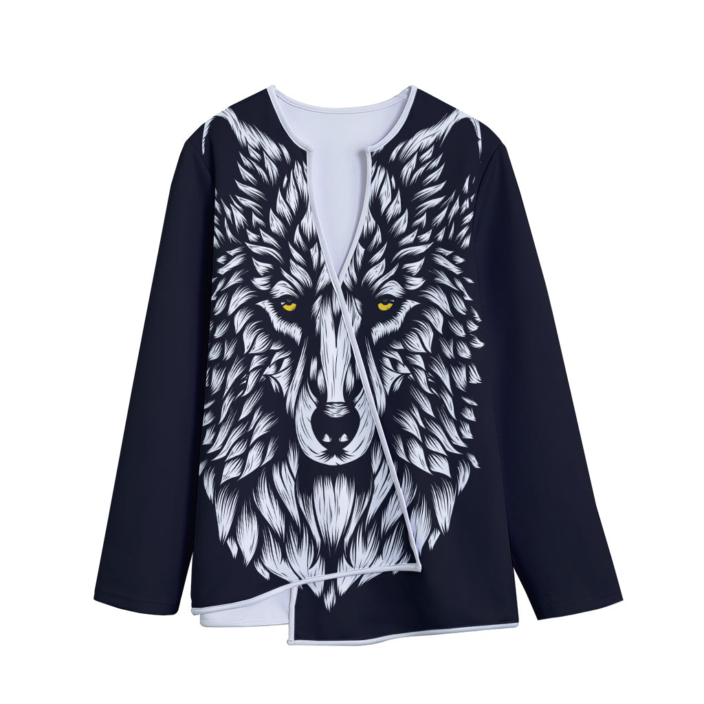 Navy And White Wolf Print Long Sleeve Short Coat