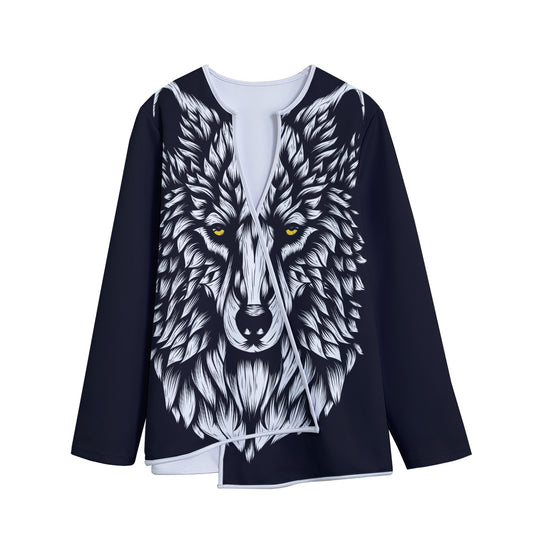 Navy And White Wolf Print Long Sleeve Short Coat