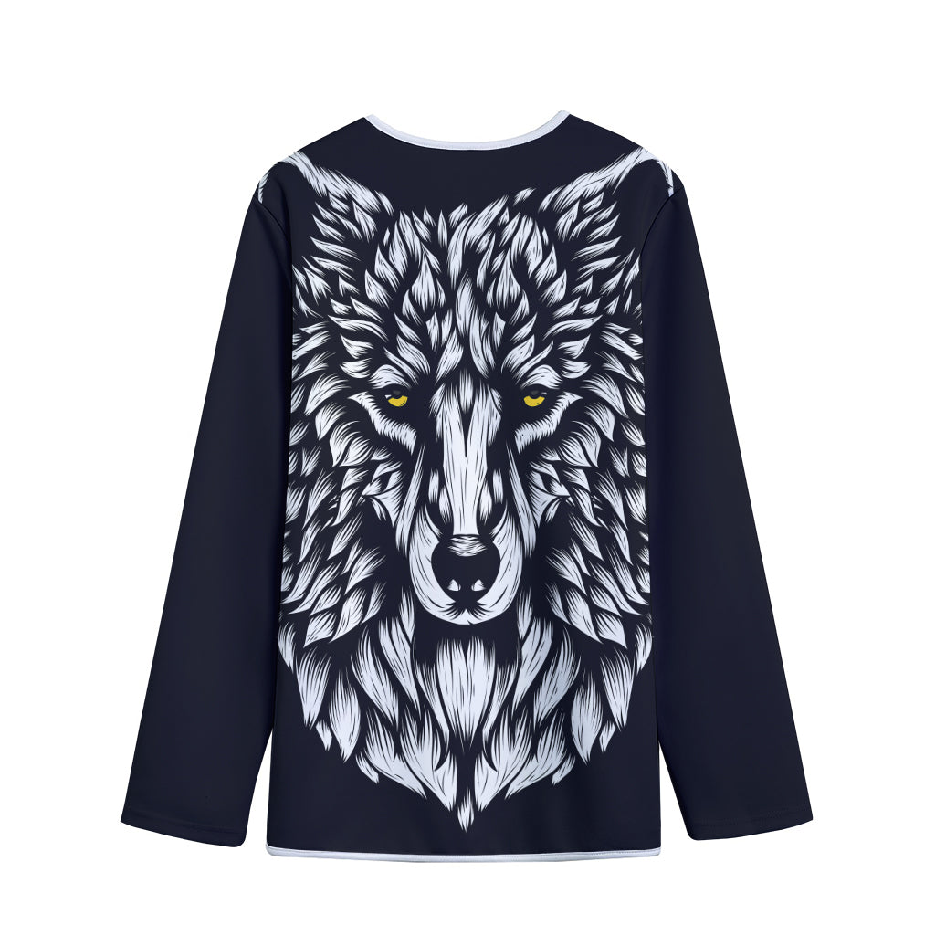 Navy And White Wolf Print Long Sleeve Short Coat