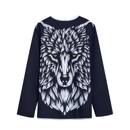 Navy And White Wolf Print Long Sleeve Short Coat