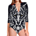 Navy And White Wolf Print Long Sleeve Swimsuit