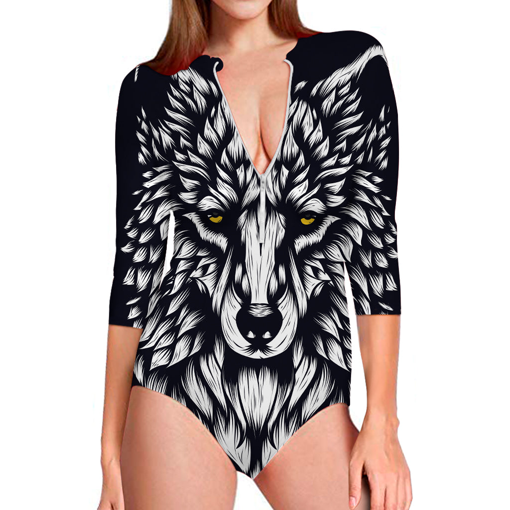 Navy And White Wolf Print Long Sleeve Swimsuit