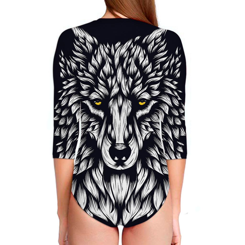 Navy And White Wolf Print Long Sleeve Swimsuit