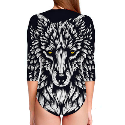 Navy And White Wolf Print Long Sleeve Swimsuit