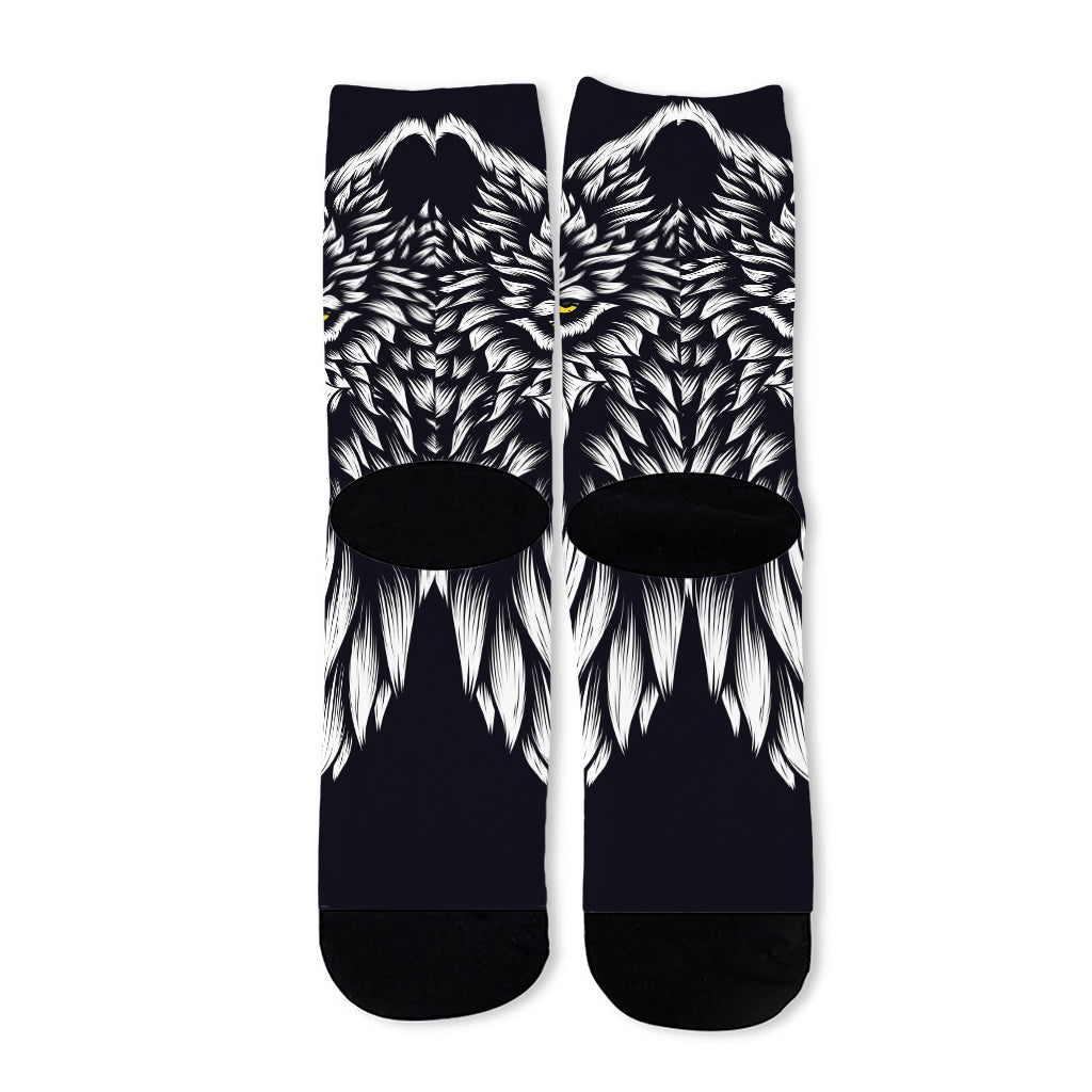 Navy And White Wolf Print Long Socks
