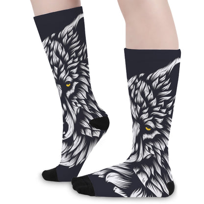 Navy And White Wolf Print Long Socks