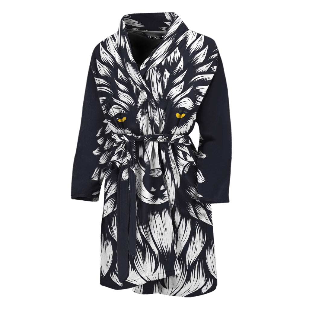 Navy And White Wolf Print Men's Bathrobe