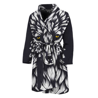 Navy And White Wolf Print Men's Bathrobe