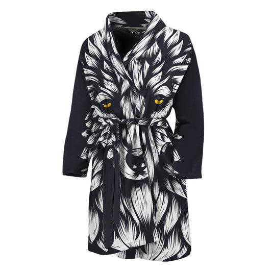 Navy And White Wolf Print Men's Bathrobe