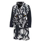 Navy And White Wolf Print Men's Bathrobe