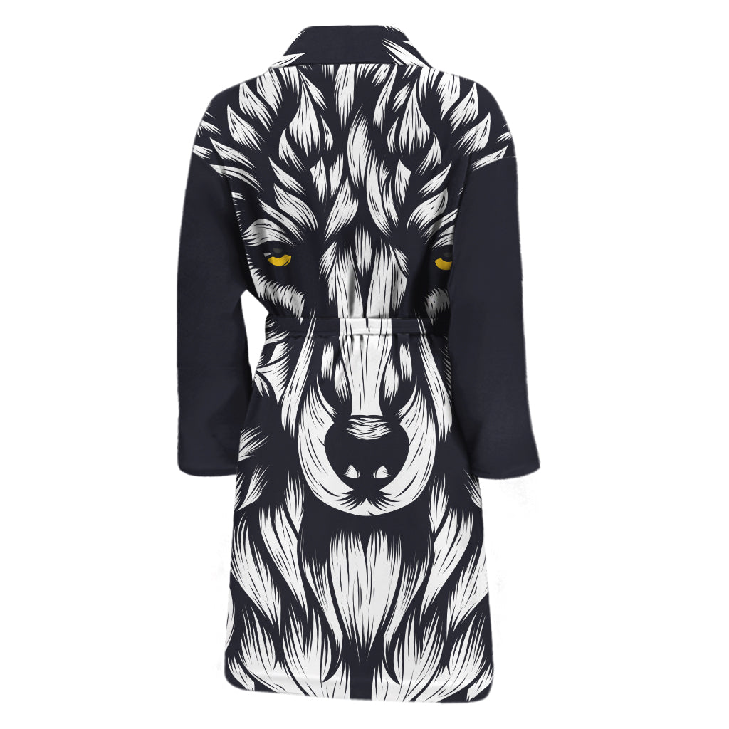 Navy And White Wolf Print Men's Bathrobe
