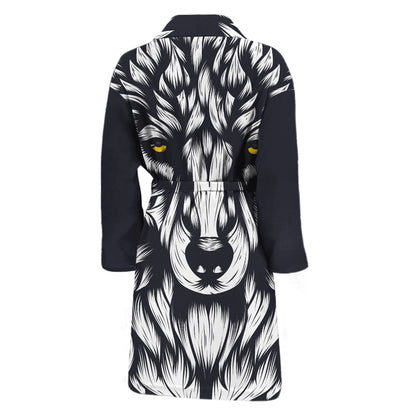 Navy And White Wolf Print Men's Bathrobe