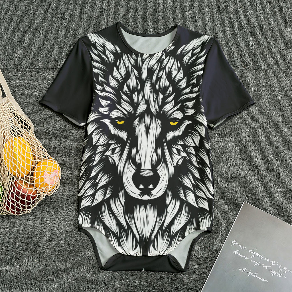 Navy And White Wolf Print Men's Bodysuit
