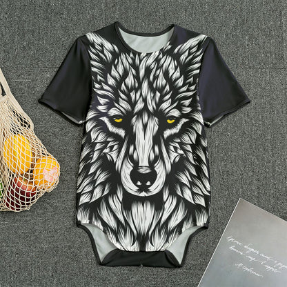 Navy And White Wolf Print Men's Bodysuit