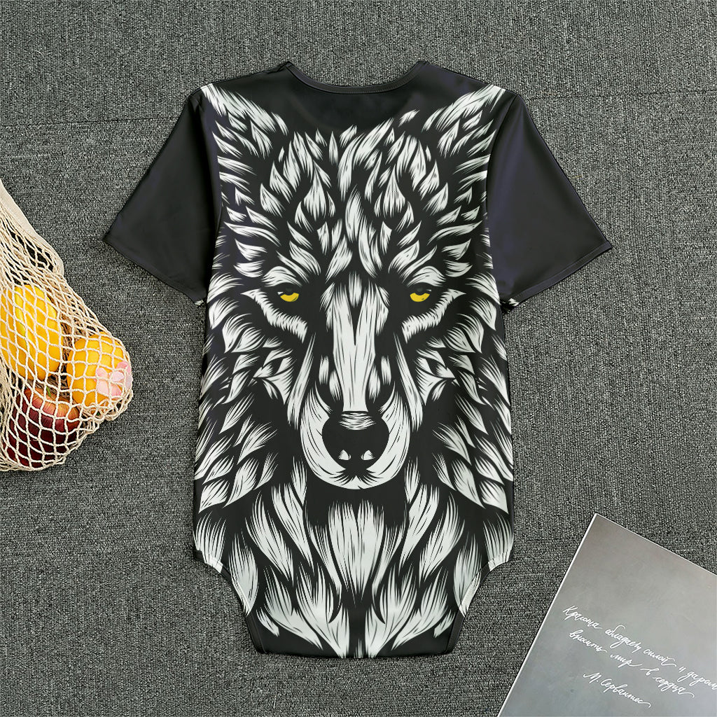 Navy And White Wolf Print Men's Bodysuit