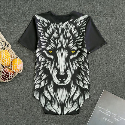 Navy And White Wolf Print Men's Bodysuit