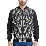 Navy And White Wolf Print Men's Bomber Jacket
