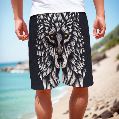 Navy And White Wolf Print Men's Cargo Shorts