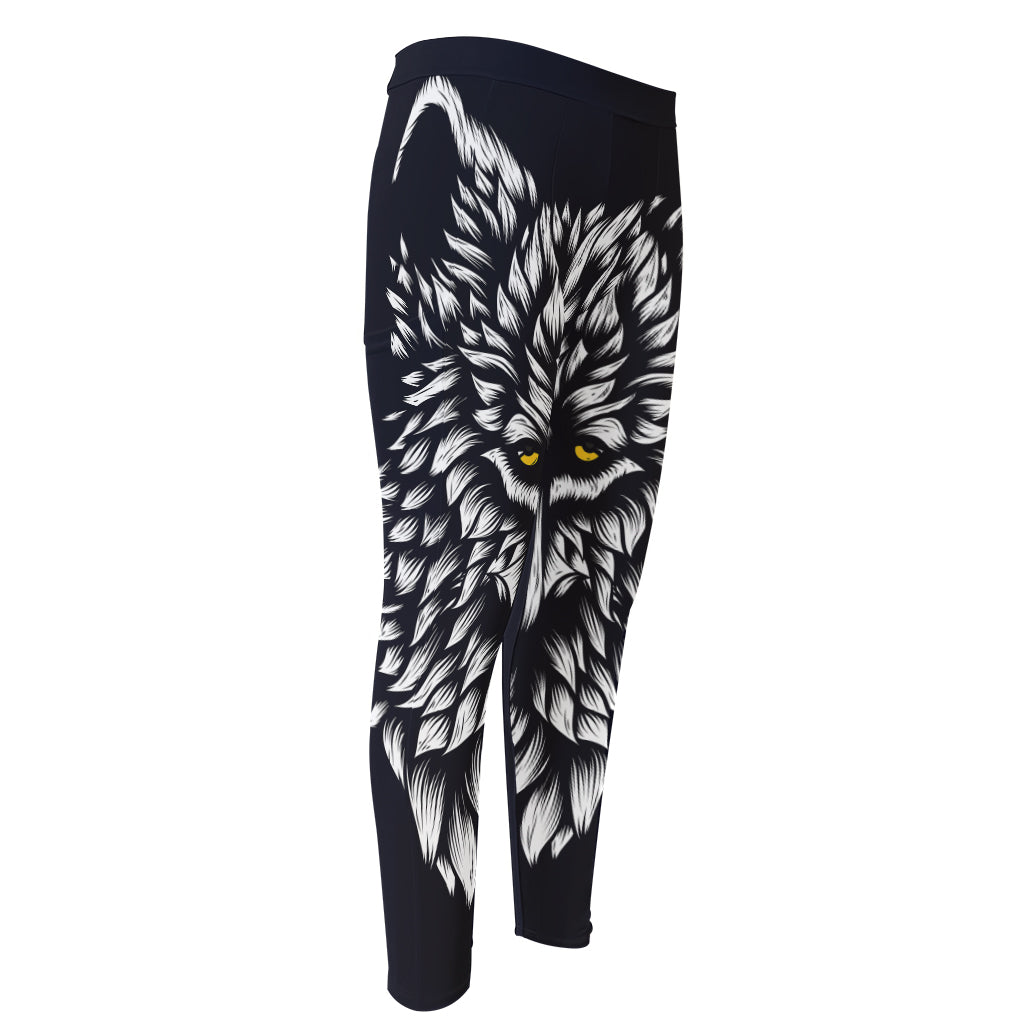 Navy And White Wolf Print Men's Compression Pants