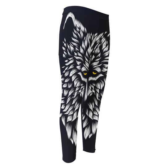 Navy And White Wolf Print Men's Compression Pants