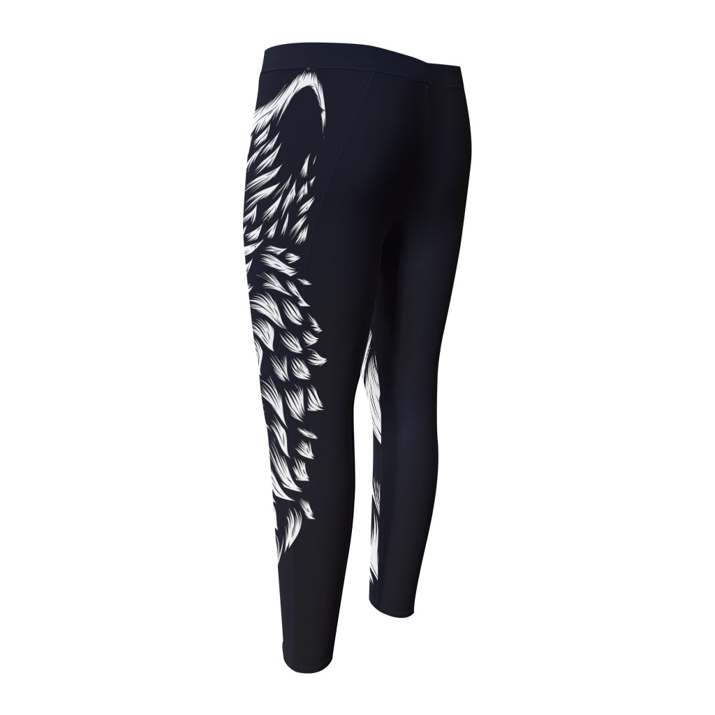 Navy And White Wolf Print Men's Compression Pants