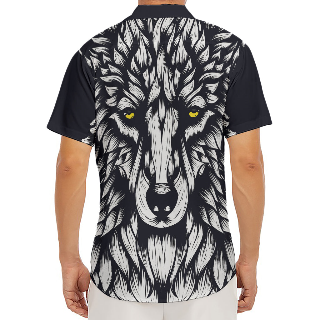 Navy And White Wolf Print Men's Deep V-Neck Shirt
