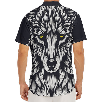 Navy And White Wolf Print Men's Deep V-Neck Shirt