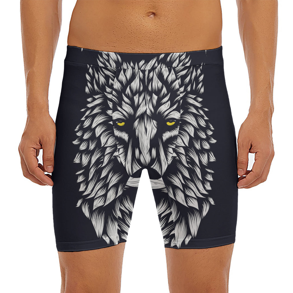 Navy And White Wolf Print Men's Long Boxer Briefs