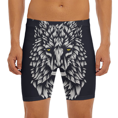 Navy And White Wolf Print Men's Long Boxer Briefs