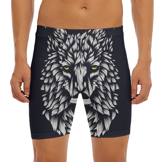 Navy And White Wolf Print Men's Long Boxer Briefs