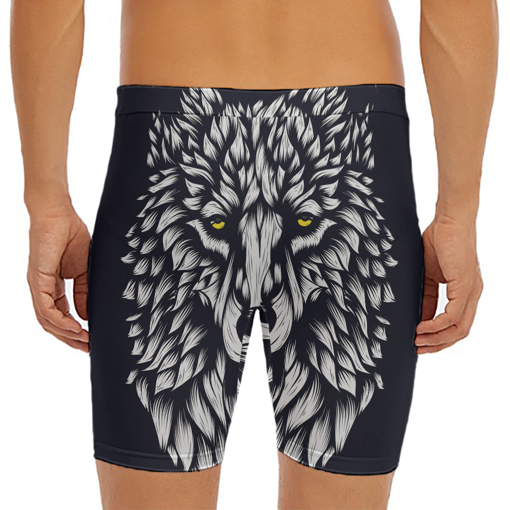 Navy And White Wolf Print Men's Long Boxer Briefs