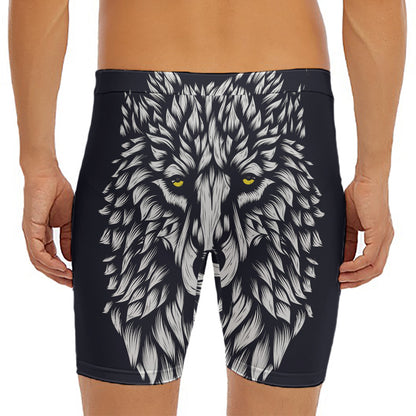 Navy And White Wolf Print Men's Long Boxer Briefs