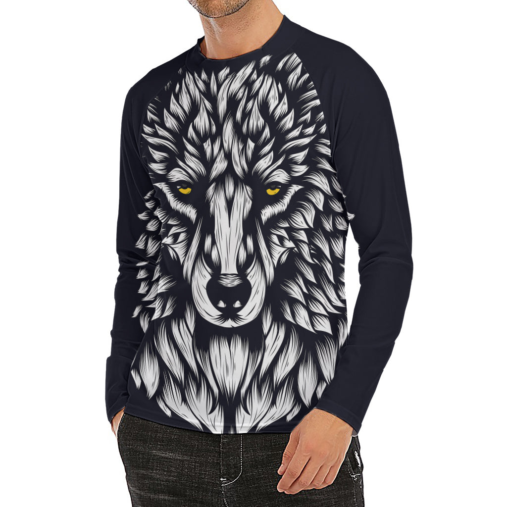 Navy And White Wolf Print Men's Long Sleeve Rash Guard
