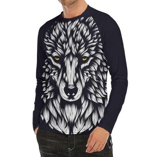 Navy And White Wolf Print Men's Long Sleeve Rash Guard